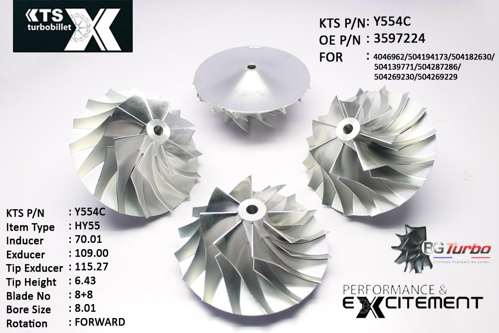 ROUE FORGÉE MFS PERFORMANCE - 8+8 PALES - INDUCER : 70,01 - EXDUCER : 109 - TYPE : HY55ANGLE : 45° - ROTATION : Forward - SUPER BACK : 9,88 - BORE SIZE : 8,01
